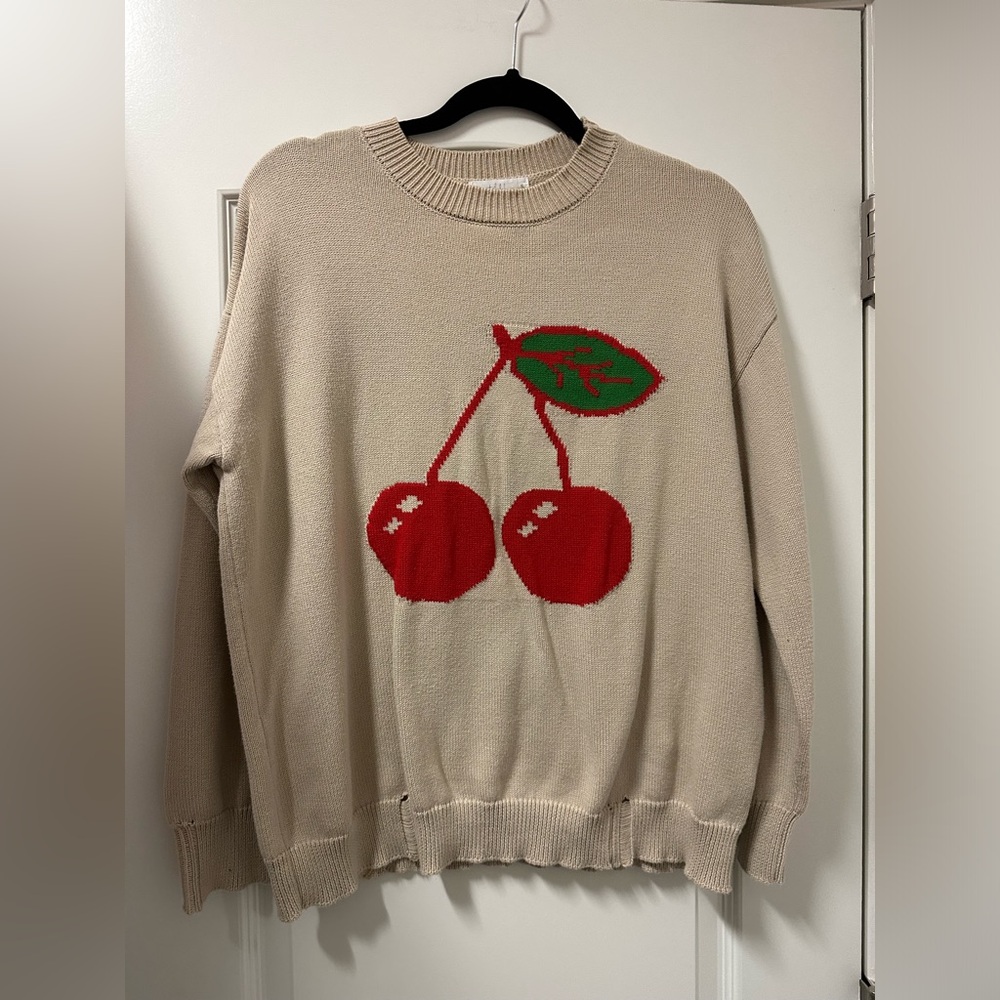 Talulah Beige Crewneck Sweater with Red Cherry Graphic. Size Small 100% Cotton